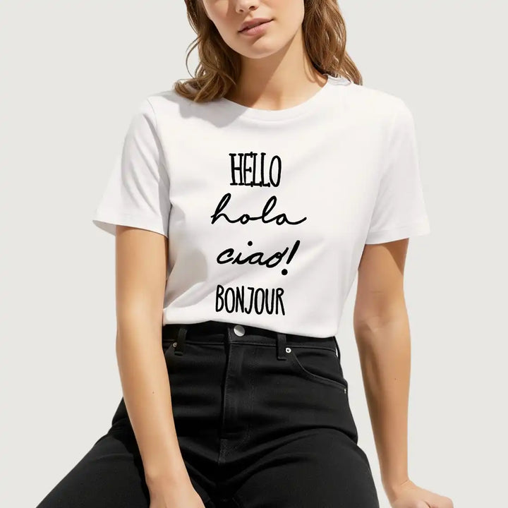 Camiseta basica ivory Hola, hello, ciao, bonjour