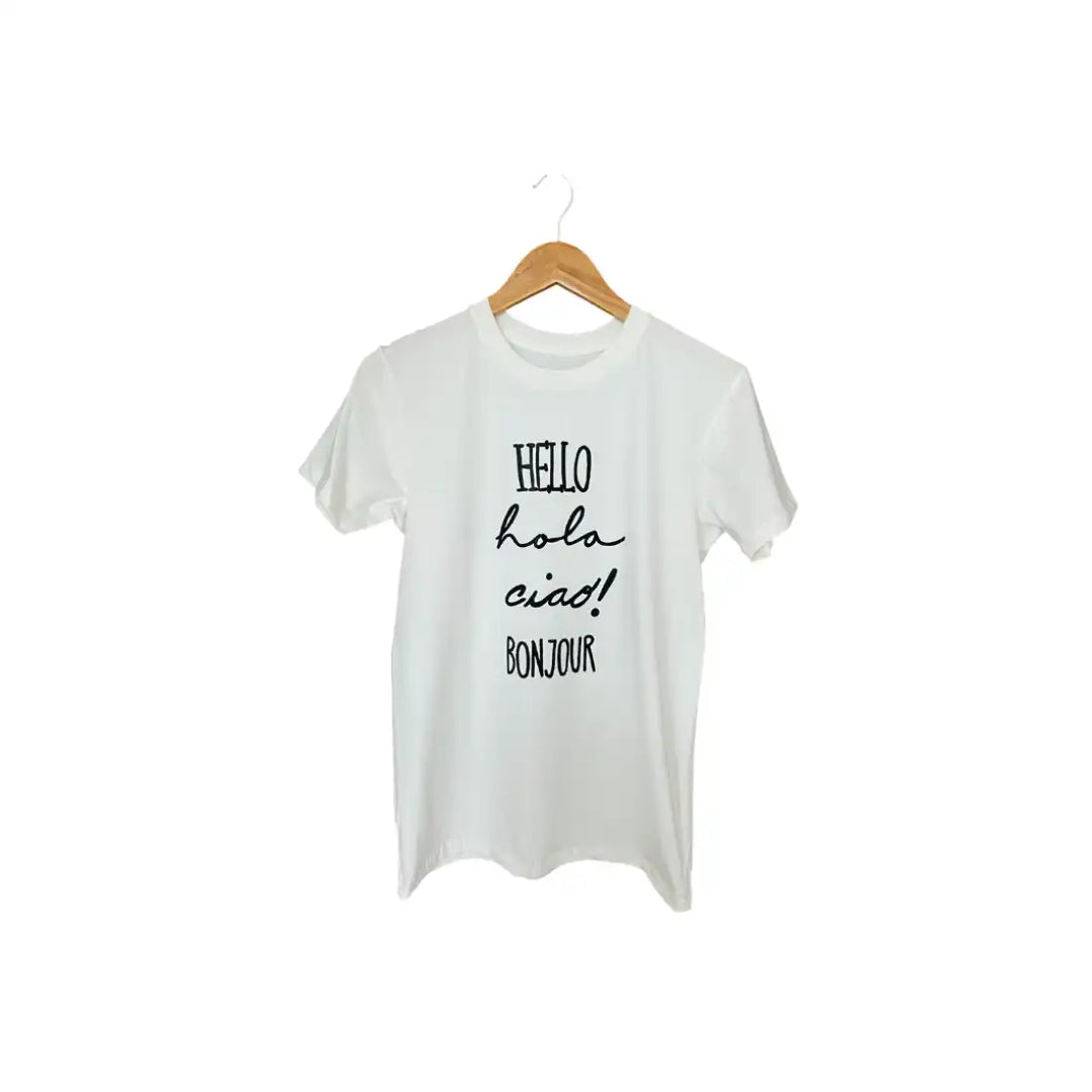 Camiseta basica ivory Hola, hello, ciao, bonjour