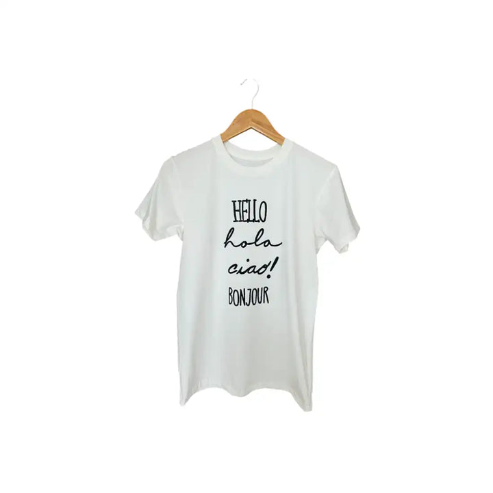 Camiseta basica ivory Hola, hello, ciao, bonjour