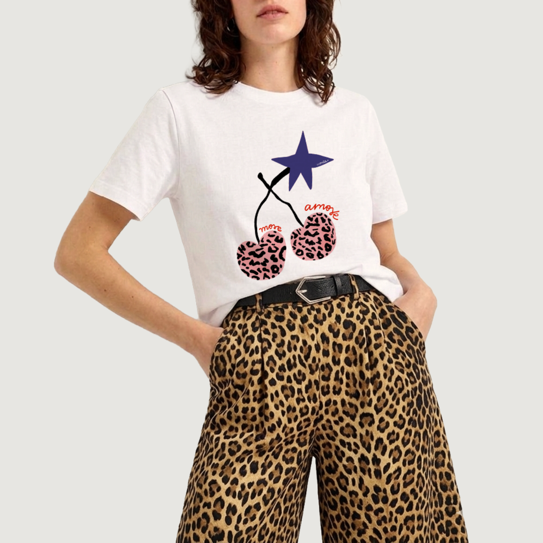 MONLE CAMISETA IVORY CEREZAS ANIMAL PRINT