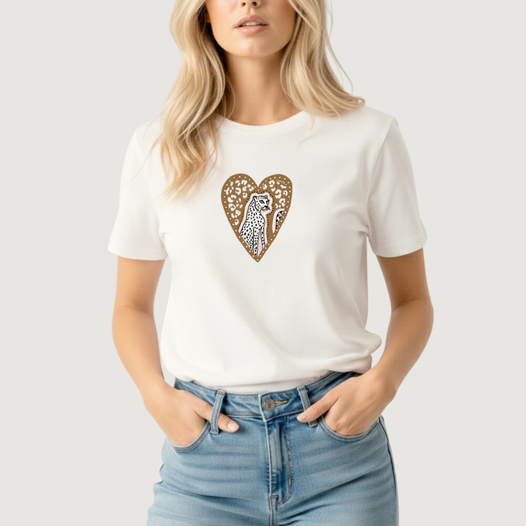 MONLE CAMISETA BASICA IVORY CORAZÓN LEOPARDO