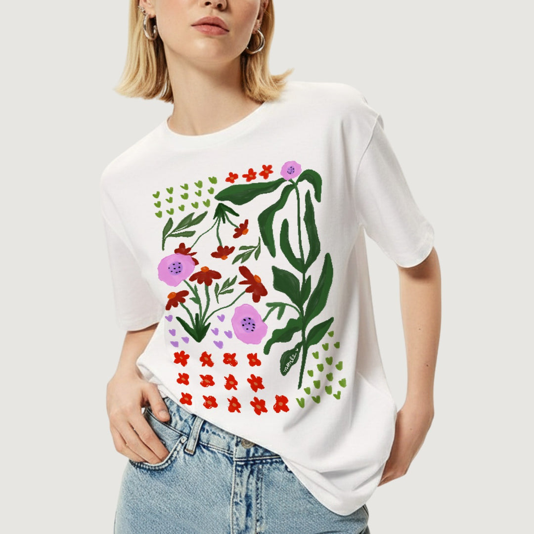 MONLE CAMISETA BASICA IVORY FLORES Y HOJAS