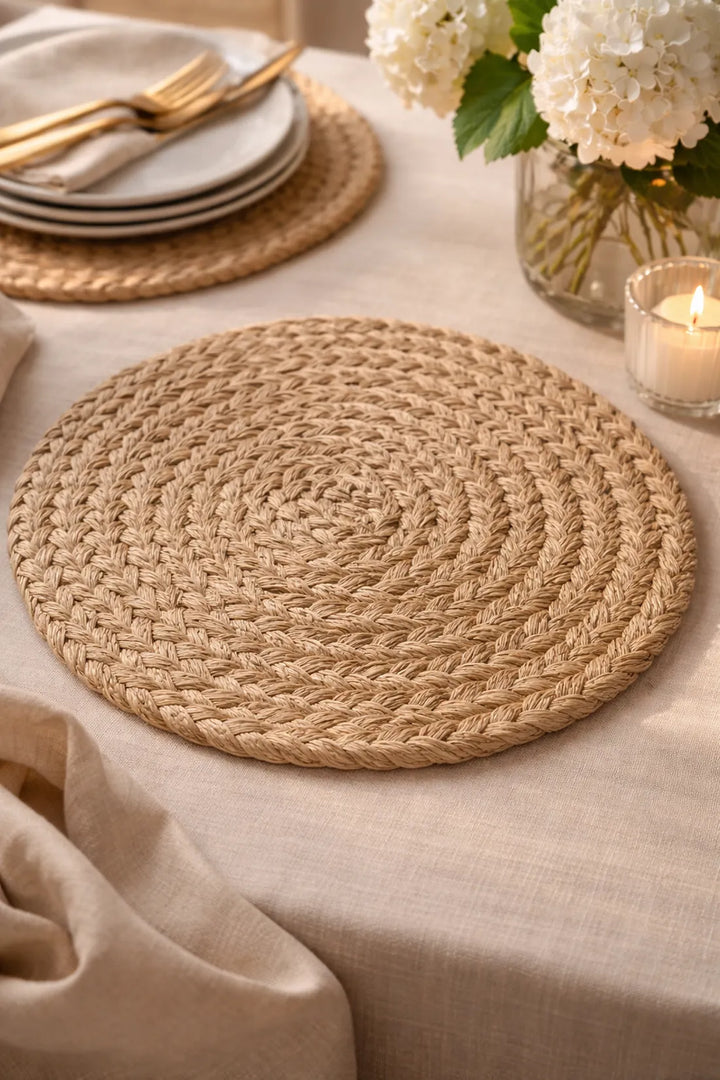 NATIVA DISEÑO INDIVIDUALES TRENZA SET X6 COLOR NATURAL CON PORTAVASOS