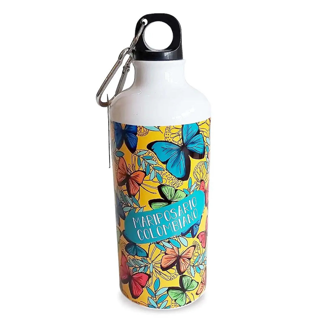 Imagen de una Botella metálica con llavero mariposario Colombiano