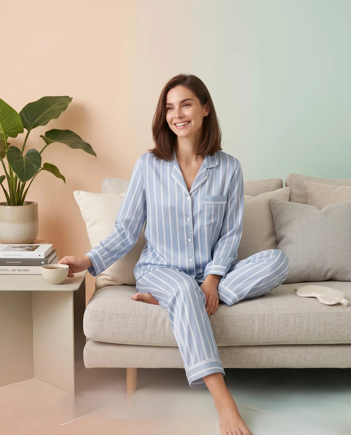 SIELA PANTALON CAMISA SEDA LINEAS BLUE